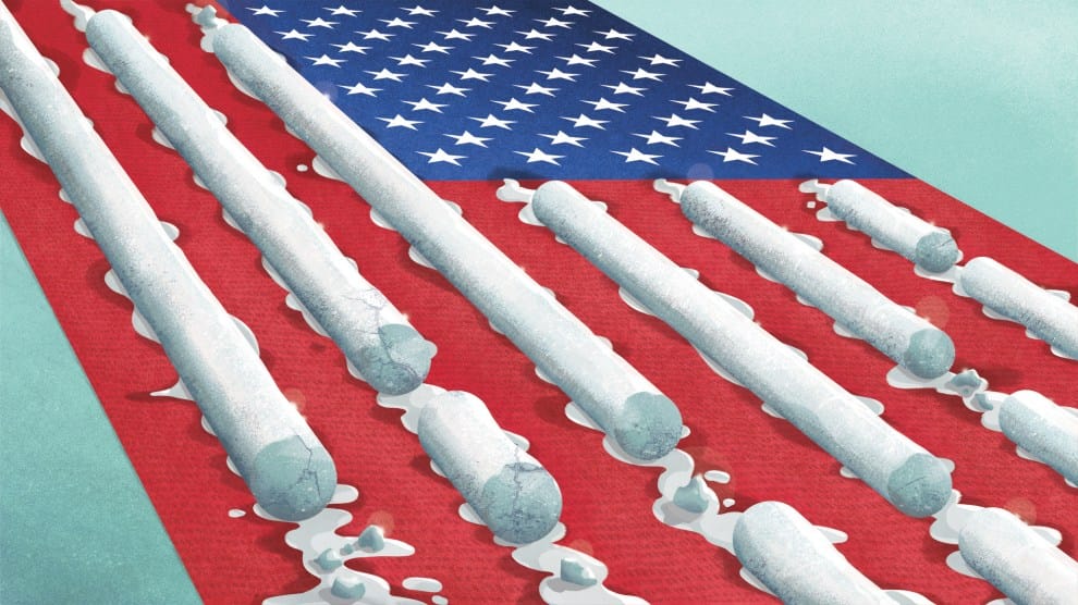 An illustration of an American flag in which the white stripes are melting cylinders of ice.