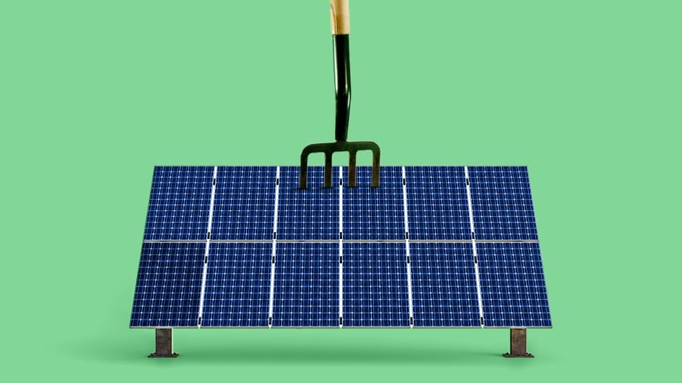 Conceptual illustration of solar panels being pierce by a pitchfork that has been thrust into it.
