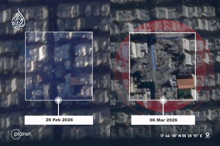 Satellite imagery provided by Planet Labs shows the complete destruction of the 11th Criminal Investigation Base in southern Tehran between February 26 and March 6, 2026.